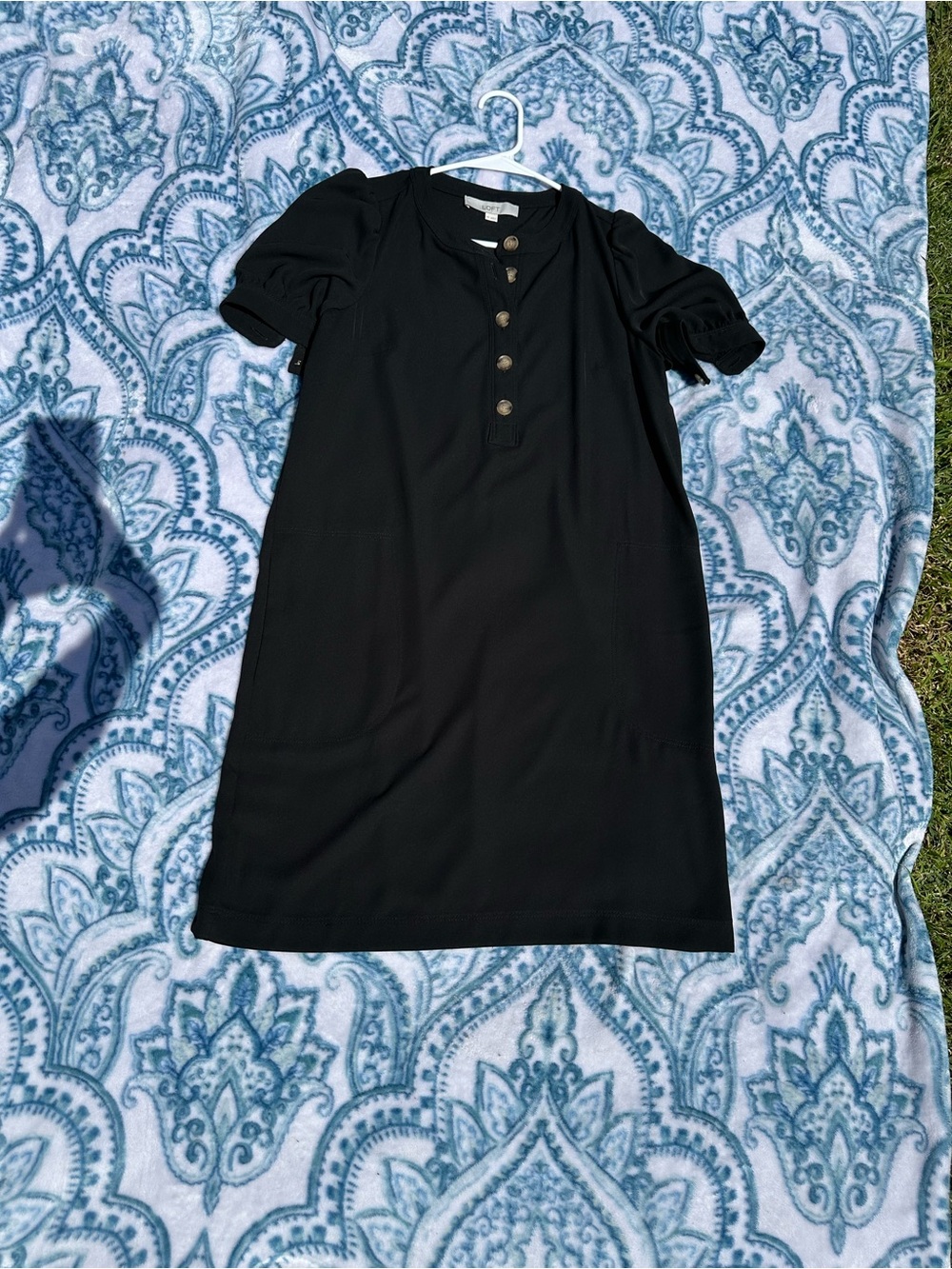 LOFT Black Short Sleeve Button-Front Mini Dress